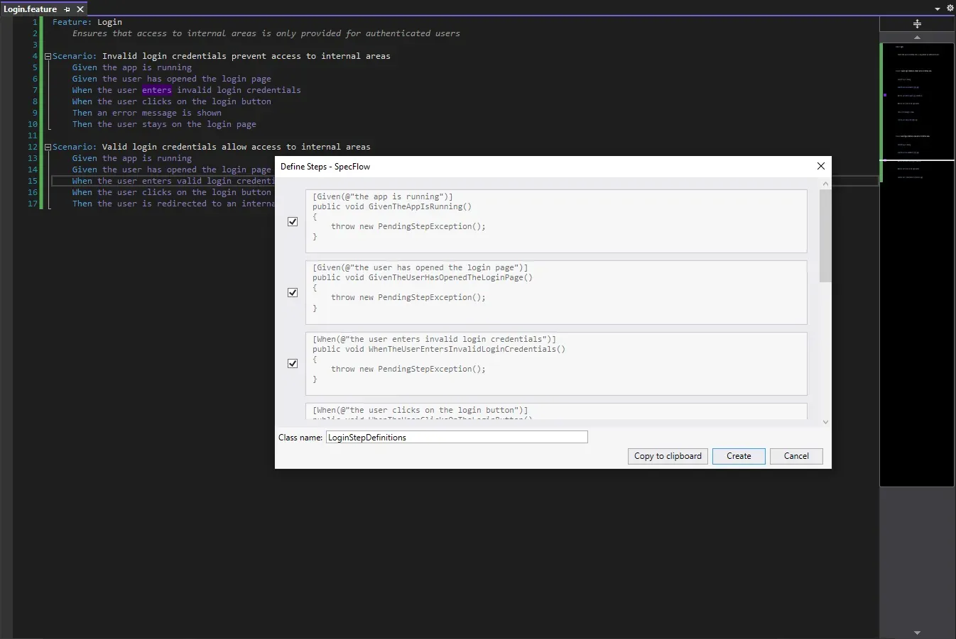 Generating step definitions for a feature file