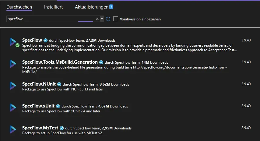 Install required Nuget packages for SpecFlow