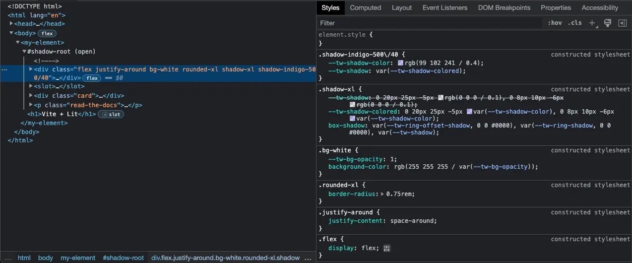 Dev tools showing constructed stylesheets