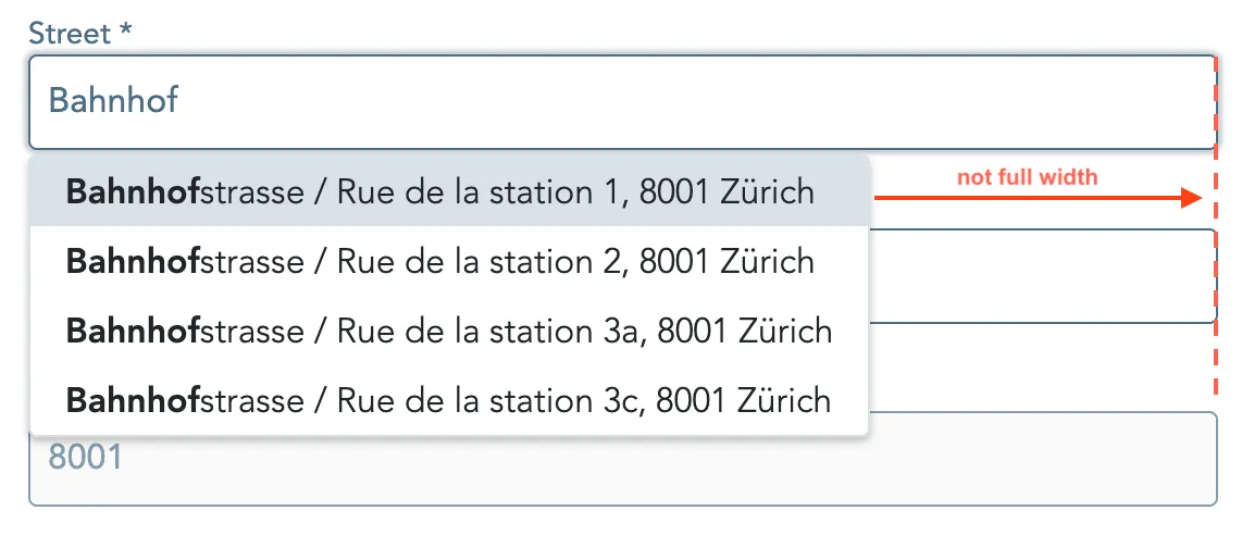 Autocomplete dropdown not spanning full width of the input field