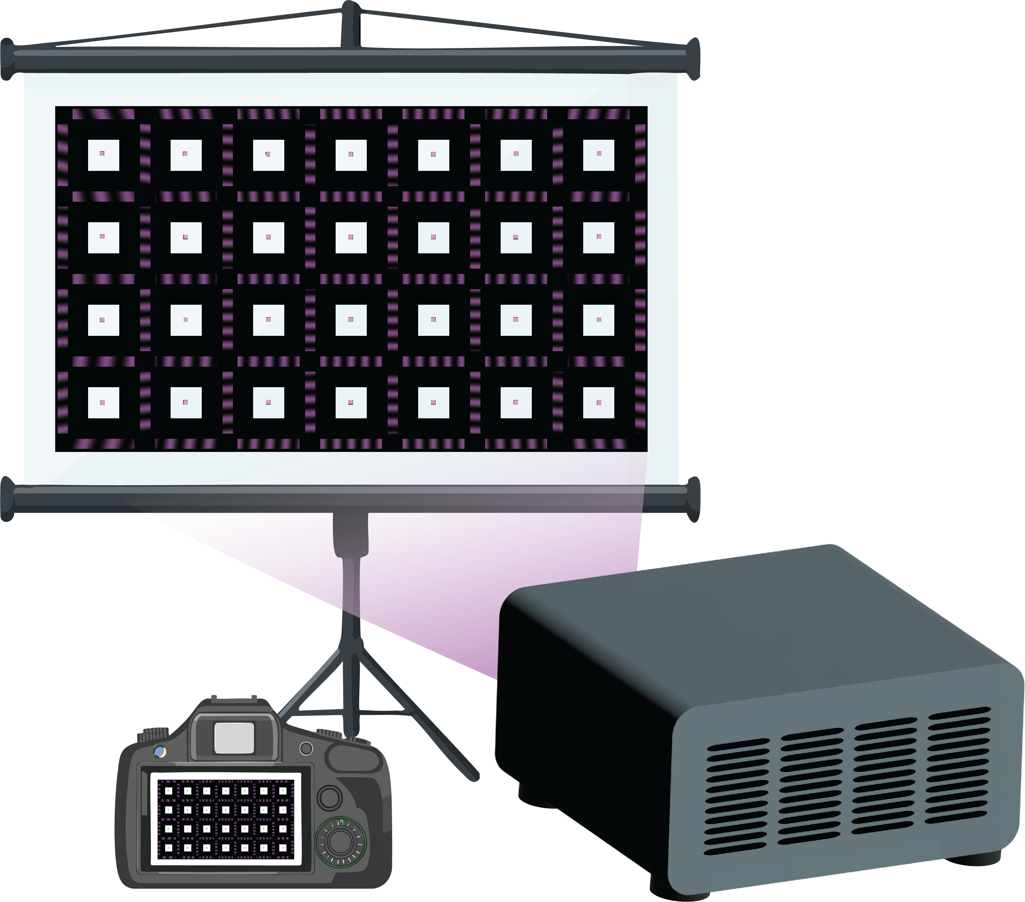 schematic illustration of projector, diffuser screen with mask pattern and camera